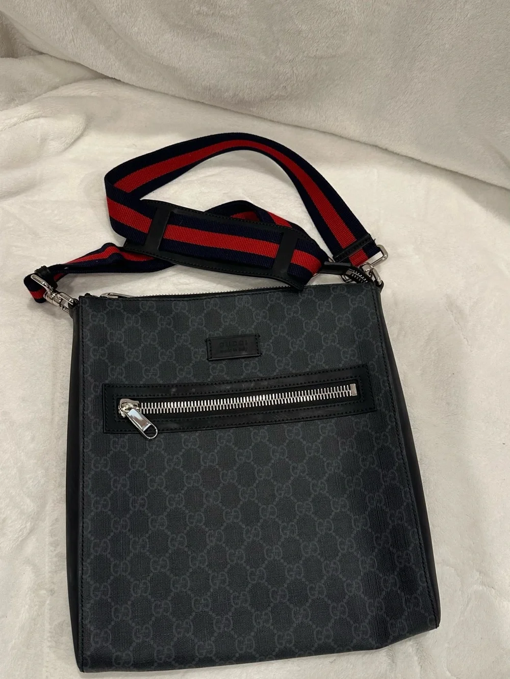 Gucci Black GG Messenger Bag with Red and Blue Strap